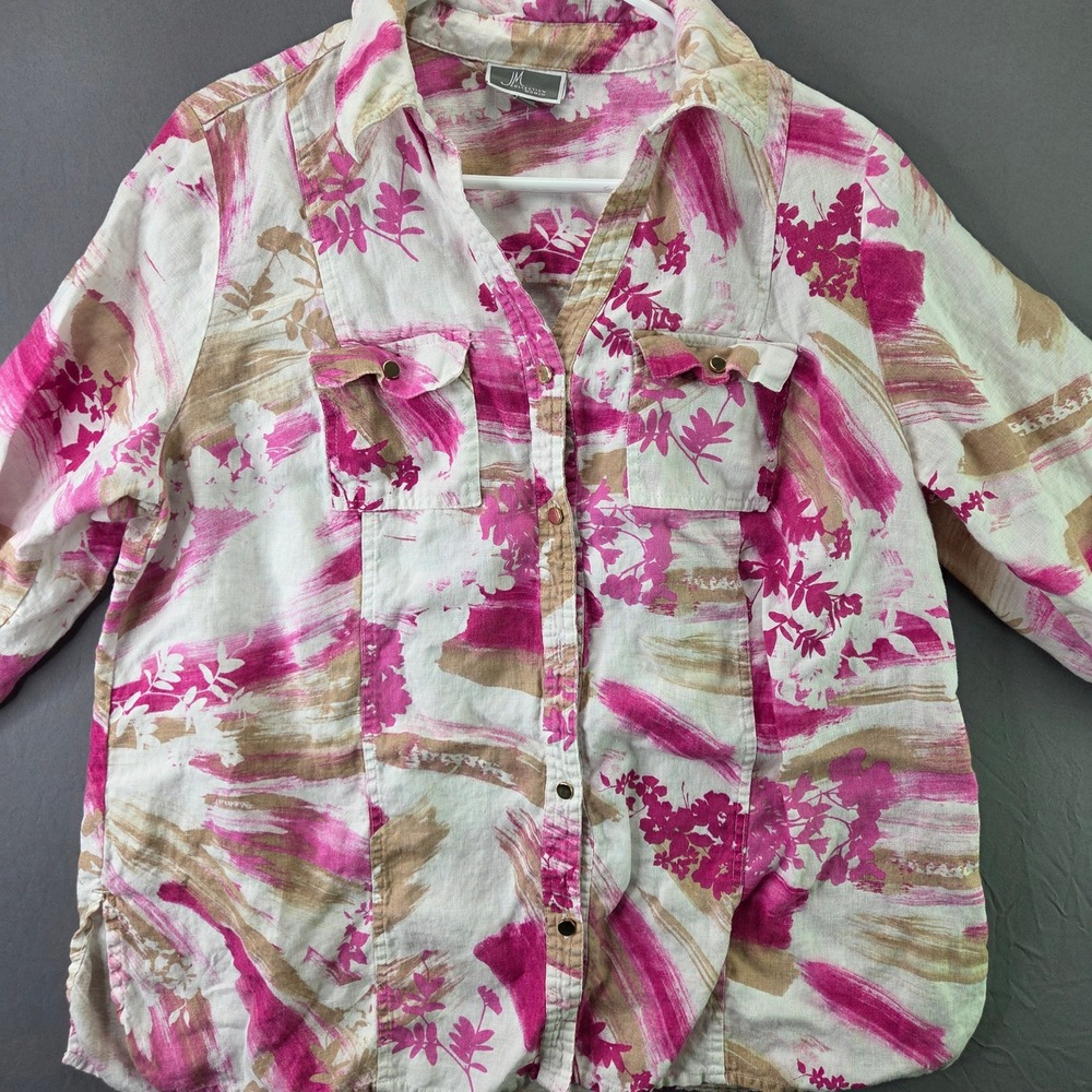 JM Collection Button Down Shirt Womens 16W Pink Tan Floral 100% Linen 3/4 Sleeve - Picture 2 of 8